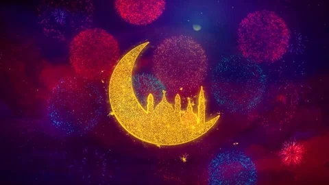 Islamic mosque Moon ramadan Icon Symbol on Colorful Fireworks Particles. Vídeo Stock 114916124