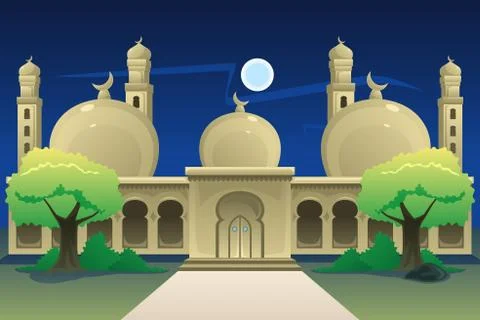 Islamic Mosque at Night Time Stock Illustration