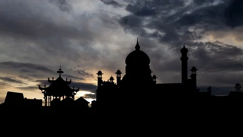 Islamic Mosque Omar Ali Saifuddin and Ceremonial Barge, Time Lapse at Sunrise Stock Footage 114306490