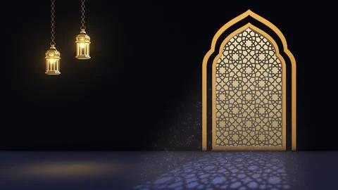 Islamic mosque window with light rays and lanterns Illustrazione stock
