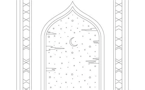 Islamic Mosque Window Outline with Moon and Stars Night Sky for Ramadan Dec.. Illustrazione stock