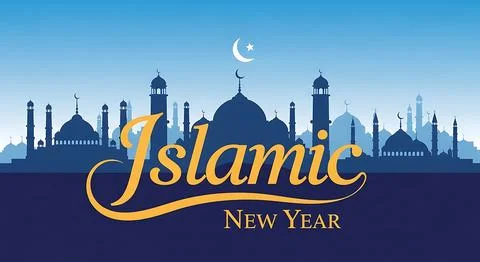 Islamic new year text over blue mosque skyline silhouette with crescent moo.. Stock Illustration