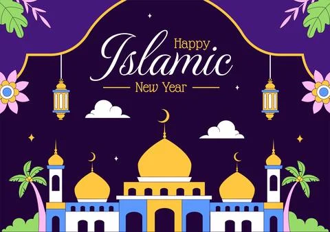 Islamic New Year Vector Illustration With Mosque, Crescent, Lantern, and Mu.. 스톡 일러스트