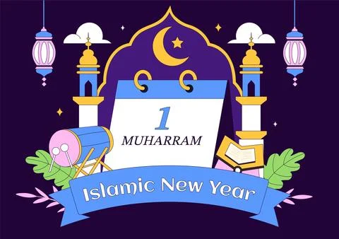 Islamic New Year Vector Illustration With Mosque, Crescent, Lantern, and Mu.. 스톡 일러스트