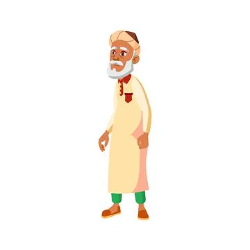 Islamic old man looking at exhibit in museum cartoon vector 스톡 일러스트
