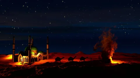 Islamic or Arabic animation of beautiful night with stars. Mosque and Magic Stock Footage 264825631