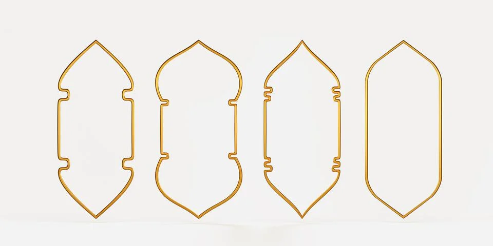 Islamic or arabic gold frames, windows 3d render icon set. Golden geometric Stock Illustration