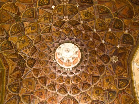 Islamic pattern on wood and mirror ceiling decoration in chehel sotoun (sotoo Stock Photos