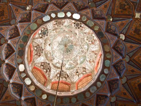 Islamic pattern on wood and mirror ceiling decoration in chehel sotoun (sotoo Stock Photos