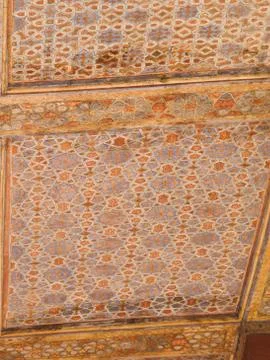 Islamic pattern on wooden ceiling decoration in chehel sotoun (sotoon) palace Stock Photos