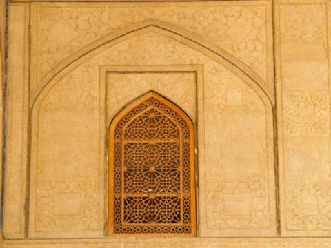 Islamic pattern woodern screen window in chehel sotoun (sotoon) palace in isf Stock Photos