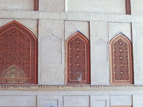 Islamic pattern woodern screen window in chehel sotoun (sotoon) palace in isf Stock Photos