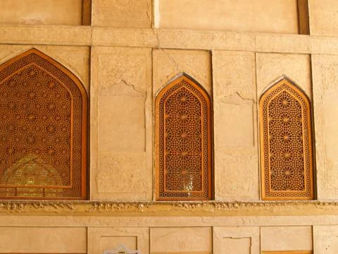 Islamic pattern woodern screen window in chehel sotoun (sotoon) palace in isf Stock Photos