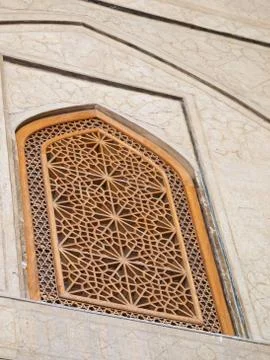 Islamic pattern woodern screen window in chehel sotoun (sotoon) palace in isf Stock Photos
