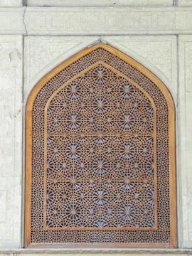 Islamic pattern woodern screen window in chehel sotoun (sotoon) palace in isf Stock Photos