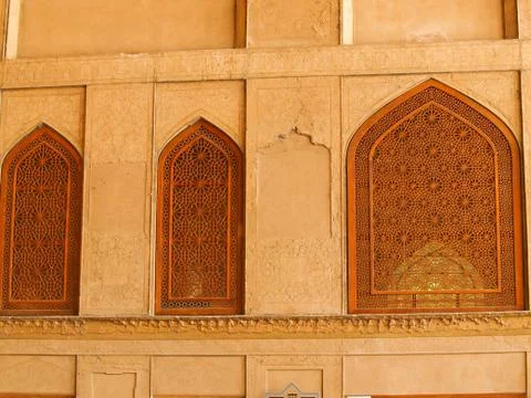 Islamic pattern woodern screen window in chehel sotoun (sotoon) palace in isf Stock Photos
