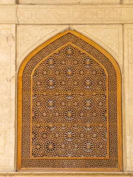 Islamic pattern woodern screen window in chehel sotoun (sotoon) palace in isf Stock Photos