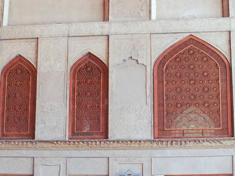 Islamic pattern woodern screen window in chehel sotoun (sotoon) palace in isf Stock Photos