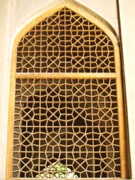 Islamic pattern woodern screen window in chehel sotoun (sotoon) palace in isf Stock Photos