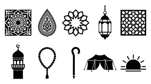 Islamic patterns, prayer beads, minaret, tent, and sunrise for ramadan design Stock Illustration