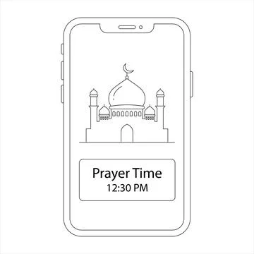 Islamic Prayer Time App Interface Line Art on Smartphone Screen with Mosque.. Stock Illustration