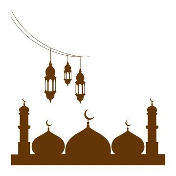 Islamic ramadan background with mosque silhouette lanterns hanging and cres.. Illustrazione stock