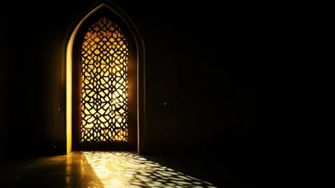 Islamic Ramadan background, radiant light emanating from an Islamic arch Stock Footage 296798027