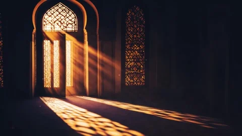 Islamic Ramadan background, radiant light emanating from an Islamic arch Stock Footage 296798033