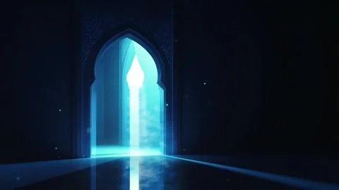 Islamic Ramadan background, radiant light emanating from an Islamic arch Stock Footage 296798037