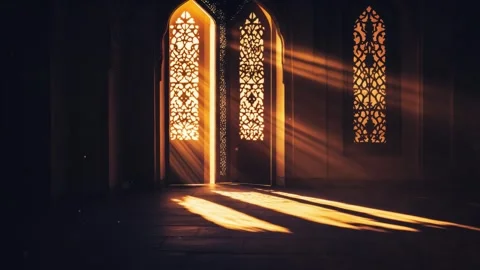Islamic Ramadan background, radiant light emanating from an Islamic arch Stock Footage 296798051