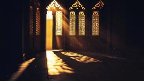 Islamic Ramadan background, radiant light emanating from an Islamic arch Stock Footage 296798052