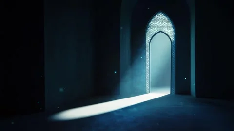 Islamic Ramadan background, radiant light emanating from an Islamic arch Stock Footage 296798059