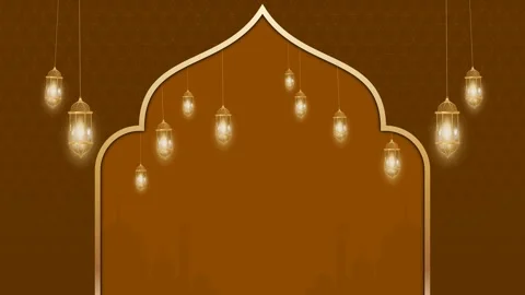 Islamic Ramadan Eid lantern background with mosque arch frame, golden hangin Stock Footage 328090617