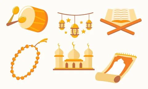 Islamic Ramadan Elements Mosque, Quran, Lantern,Prayer Rug,bedug,tasbih and.. Stock Illustration