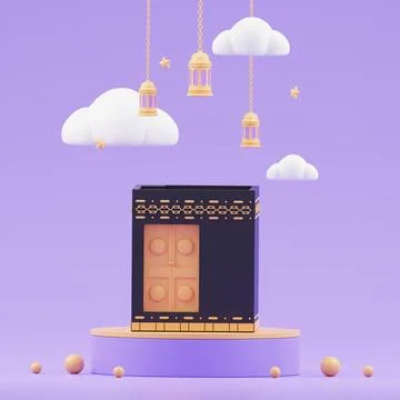 Islamic ramadan greeting background with cute 3d mosque and islamic crescen.. Stock Illustration