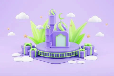 Islamic ramadan greeting background with cute 3d mosque and islamic crescen.. Stock Illustration