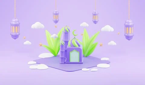 Islamic ramadan greeting background with cute 3d mosque and islamic crescen.. Stock Illustration