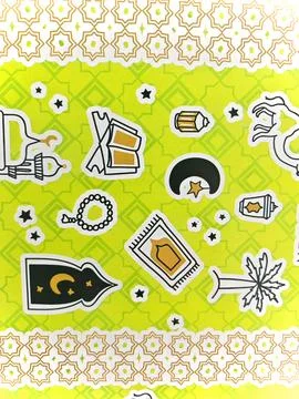 Islamic Ramadan Sticker Set Pattern on Green Background Stock Illustration