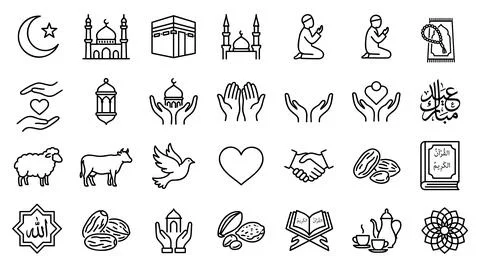 Islamic religious symbol collection flat vector line icons set 库存插图