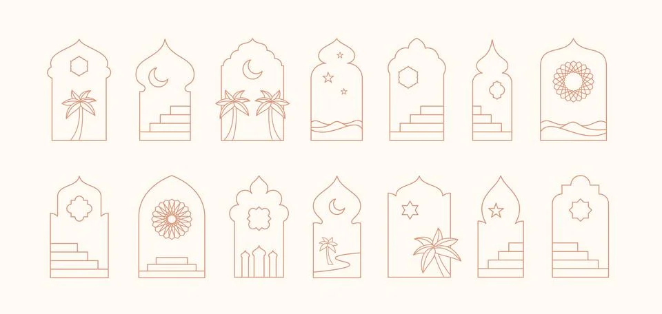 Islamic shape frame window illustrations collection. Arabian architecture Illustrazione stock