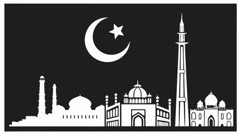 Islamic skyline vector art with mosque and crescent moon silhouette design Stock Illustration