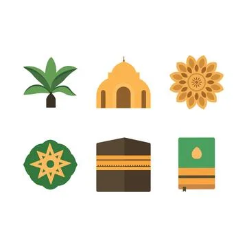 Islamic Symbol Elements Set of Mosque Kaaba Quran Ornament Plant Decoration.. Stockillustratie