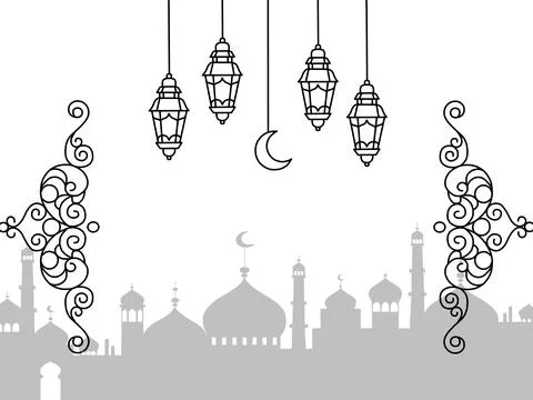 Islamic-themed background with lanterns and a silhouette of a mosque Stock Illustration