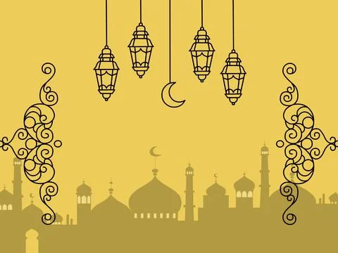 Islamic-themed background with lanterns and a silhouette of a mosque Stock Illustration