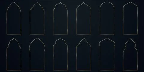 Islamic thin golden arch set. Ramadan luxury frames. Elegant gold doors. Stock Illustration