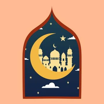 Islamic window arch with moon, mosque dome and stars in oriental style, Ramadan Stock Illustration
