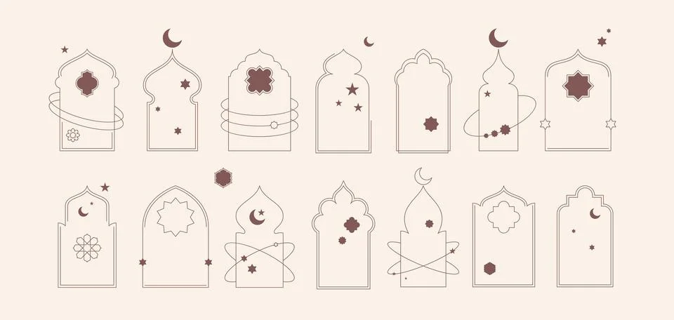 Islamic window frame shapes with boho star and moon elements illustrations Stock Illustration