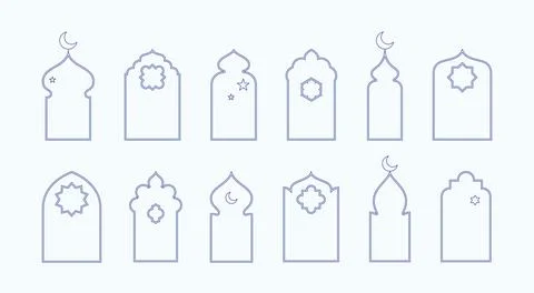 Islamic window frame shapes with boho star and moon elements illustrations Illustrazione stock