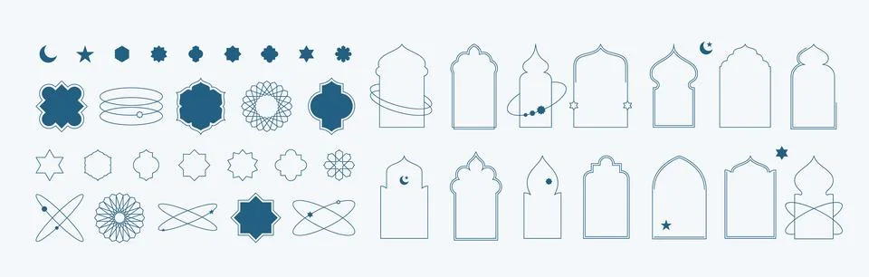 Islamic window frame shapes with star and moon elements illustrations collection Illustrazione stock