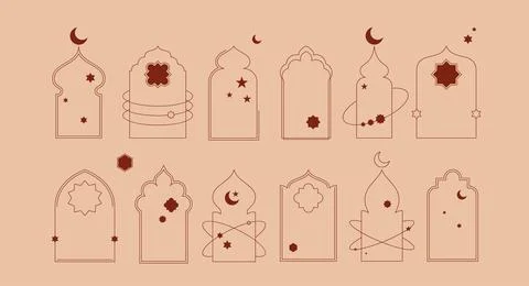 Islamic window frames with modern boho star and moon elements illustrations Stock Illustration